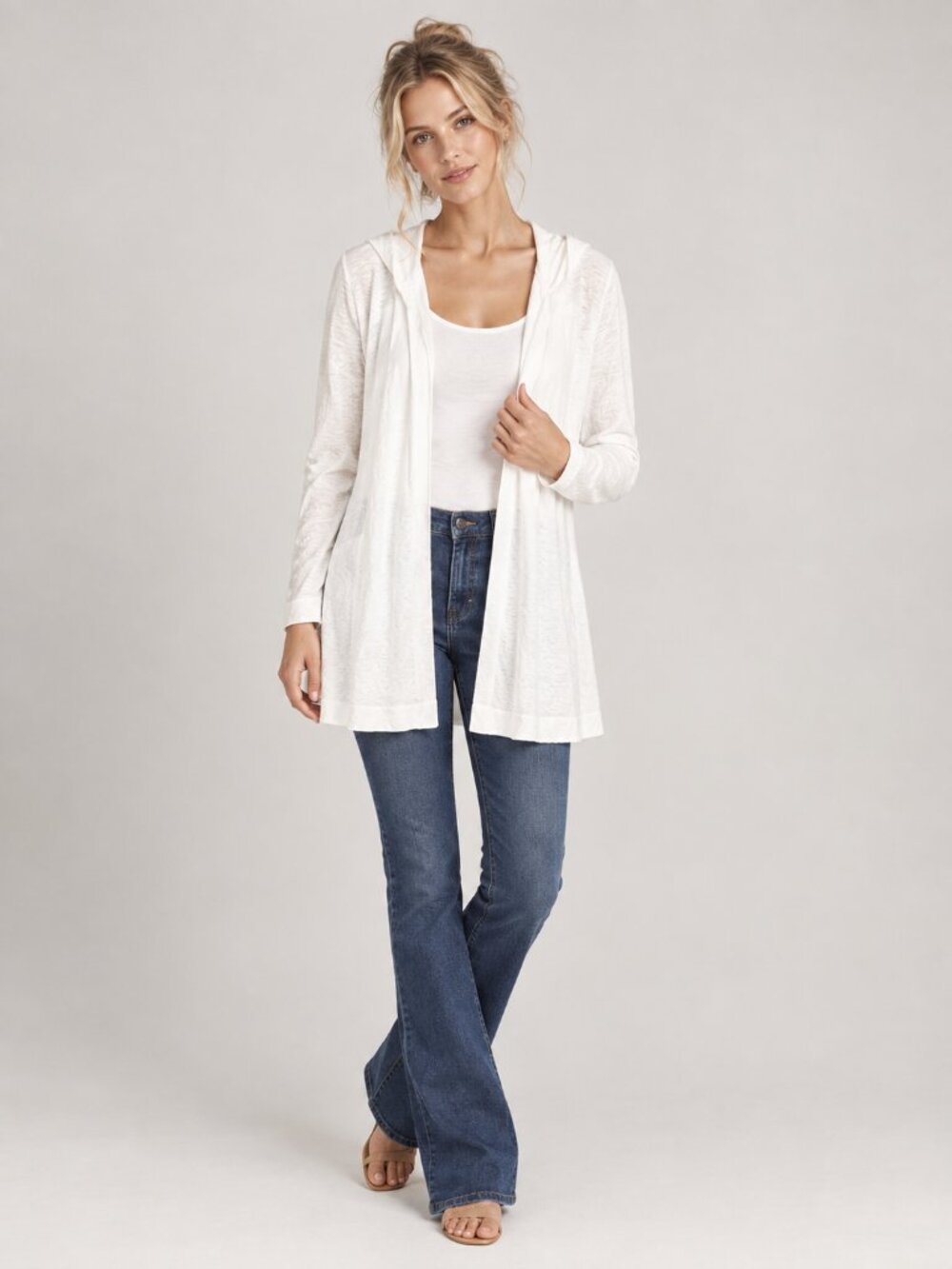 TAHARI Linen Open-Front Hooded Light Cardigan White 3X #A4565